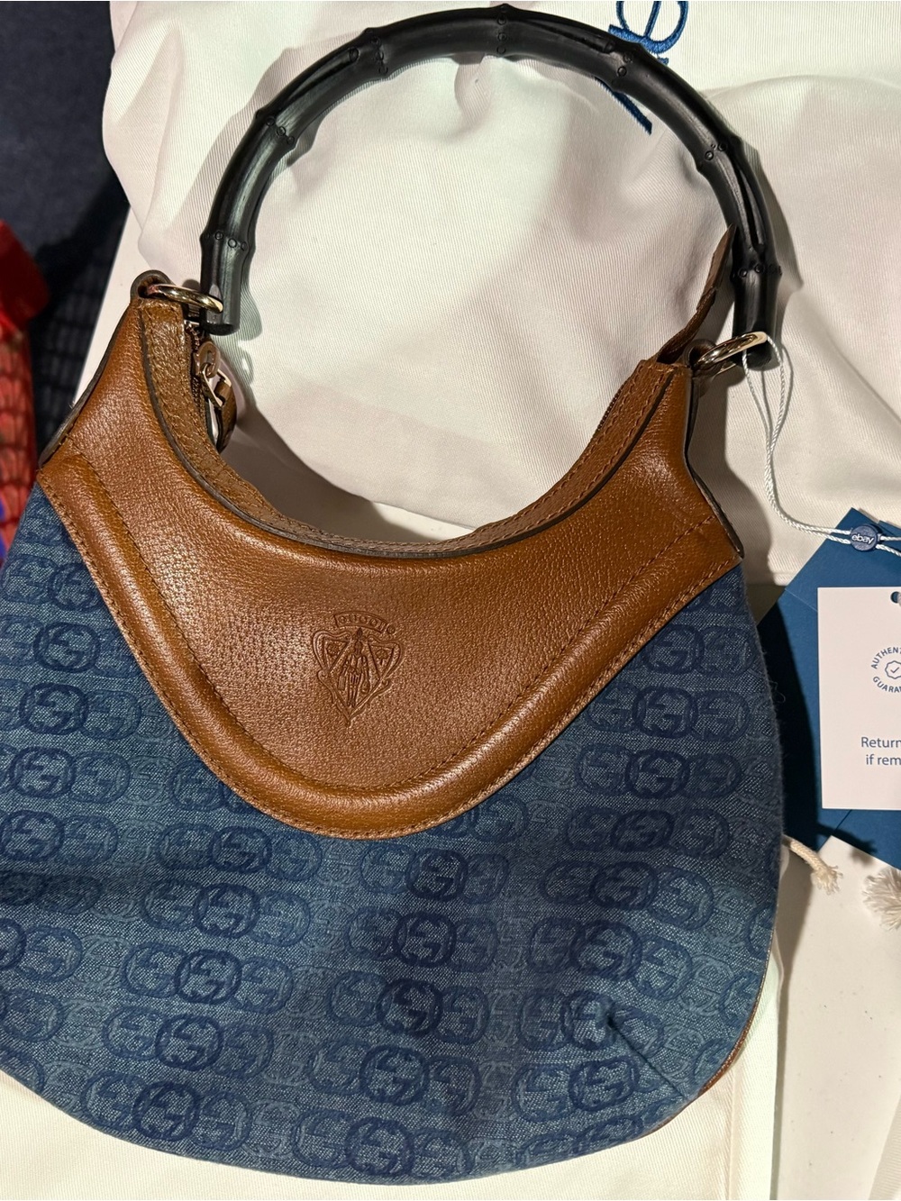 Gucci Blue Monogram Canvas and Brown Leather Bamboo-Handle Shoulder Bag